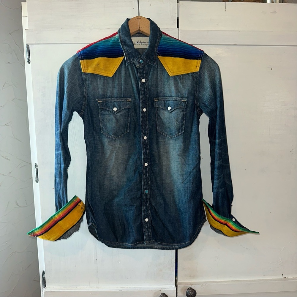 True Religion GEORGIA BAJA WESTERN Shirt Aztec Denim Pearl Snap Serape S: XS / S - Picture 4 of 10